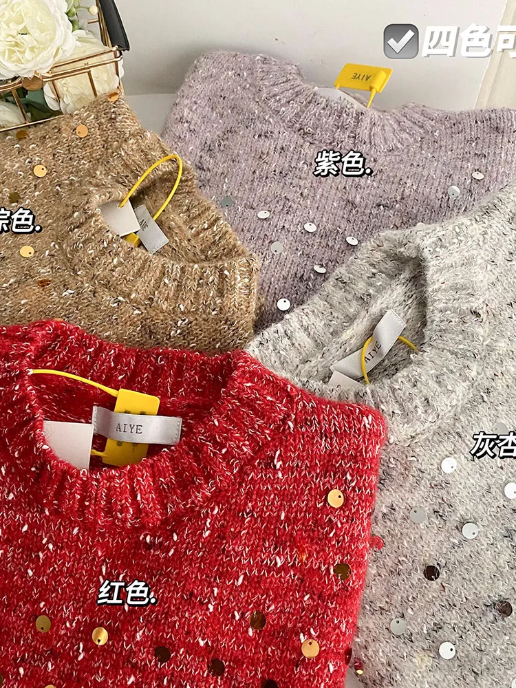 American Christmas Sequins Sweater Women Oversized Knitted Jumper Loose Korean Fashion Sweet Pullover High Quality Preppy Style