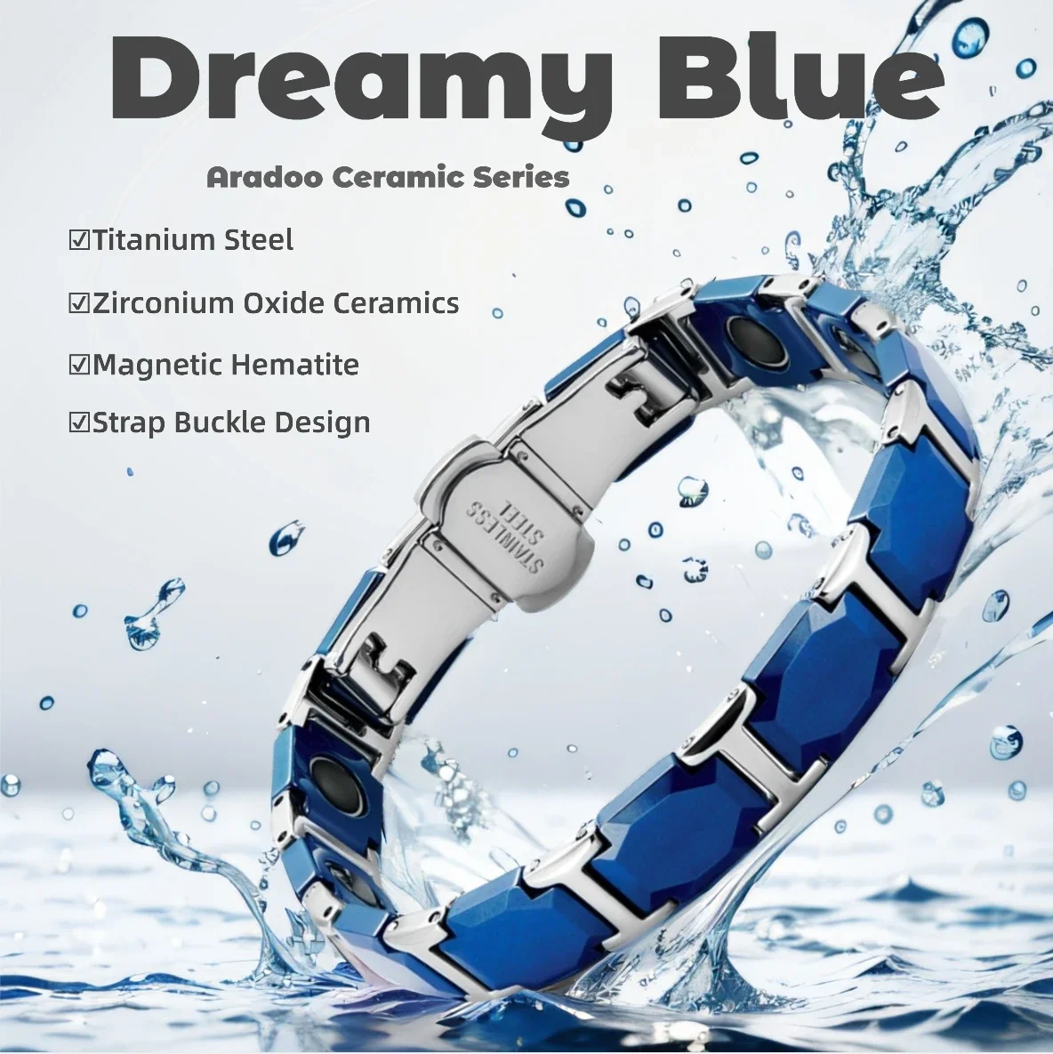 ARADOO Strap Buckle Design Ceramic Titanium Steel Bracelets Dreamy Blue Ceramic Hematite Power Wristband