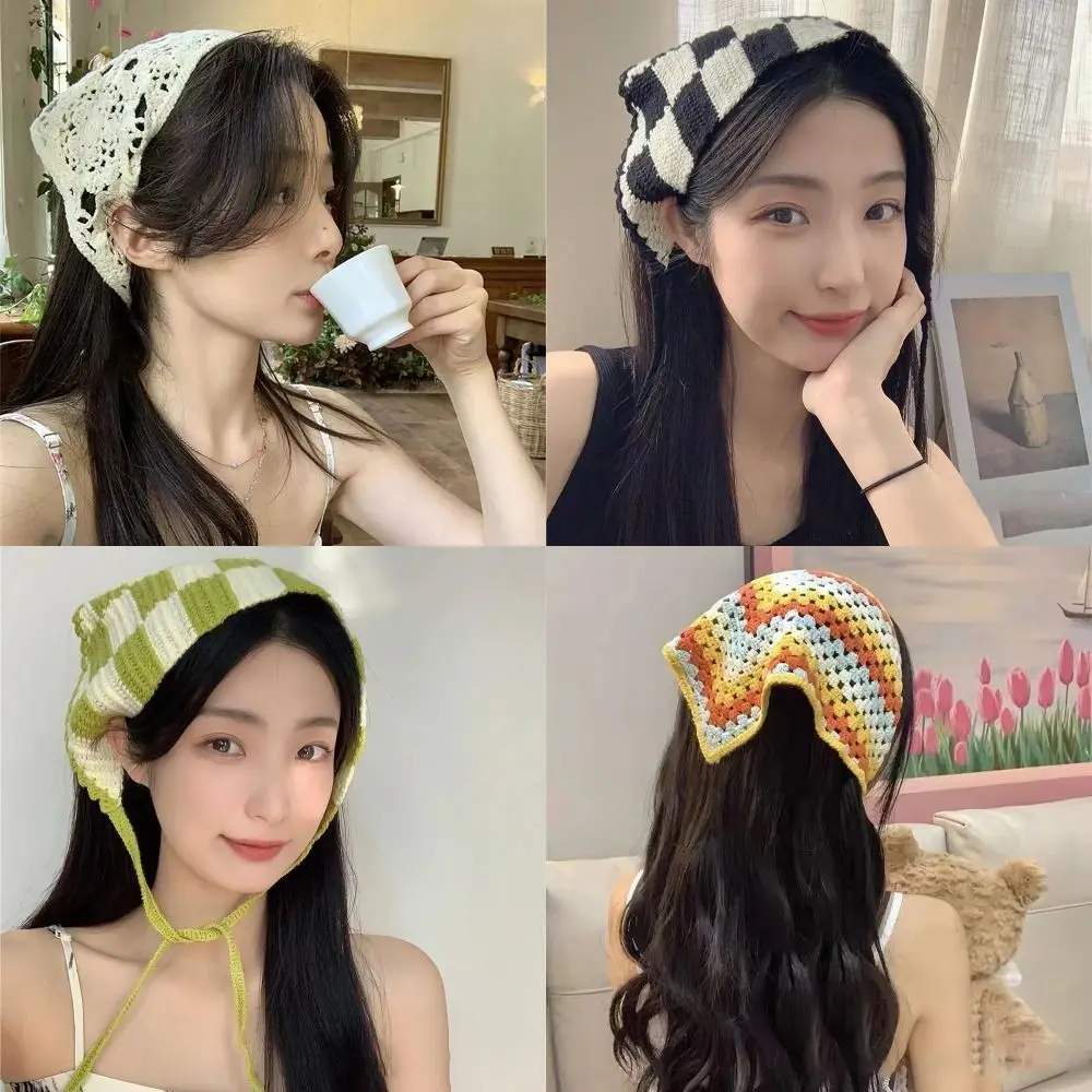

French Pastoral Style Triangle Headband Knitted Little Flower Headscarf Hat Handmade Crochet Headband Towel Spring Summer