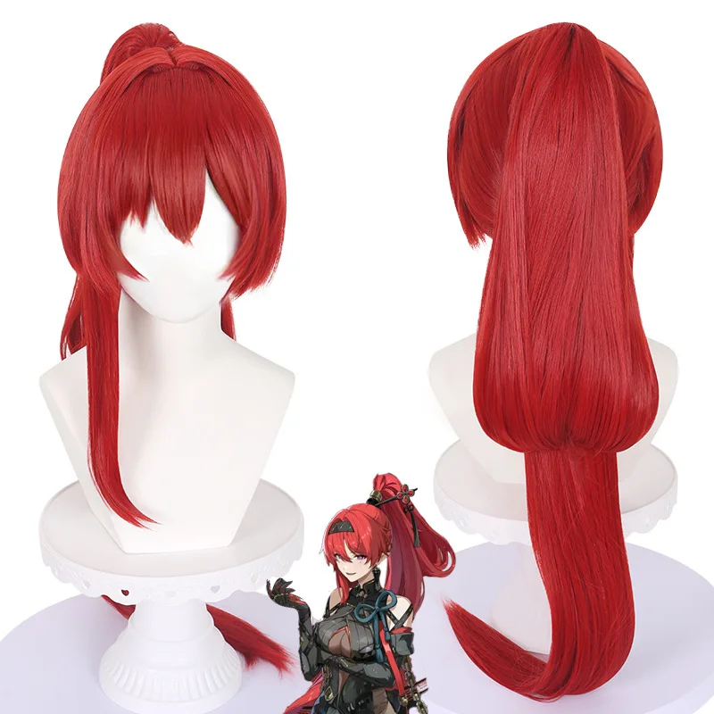 Ming Chao Yin Lin Peruca Cosplay Versão do couro cabeludo vermelho com rabo de cavalo estendido.