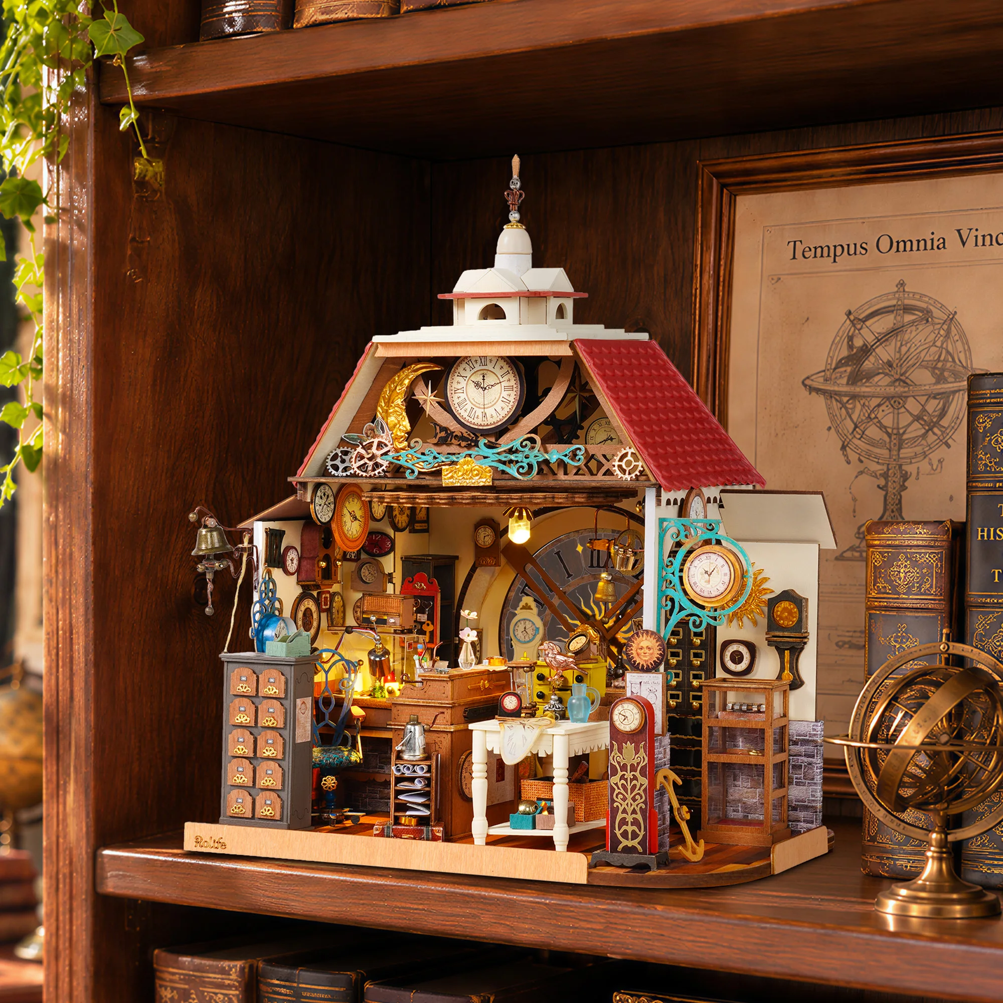 Rolife Wooden Dollhouse 3D Puzzle - Clockwise Clocks Retro Clock Shop DIY Miniature House Model Building Kit with LED Light for Home Decor Brain Teasers Toys for Adults Ideal Birthday Gift