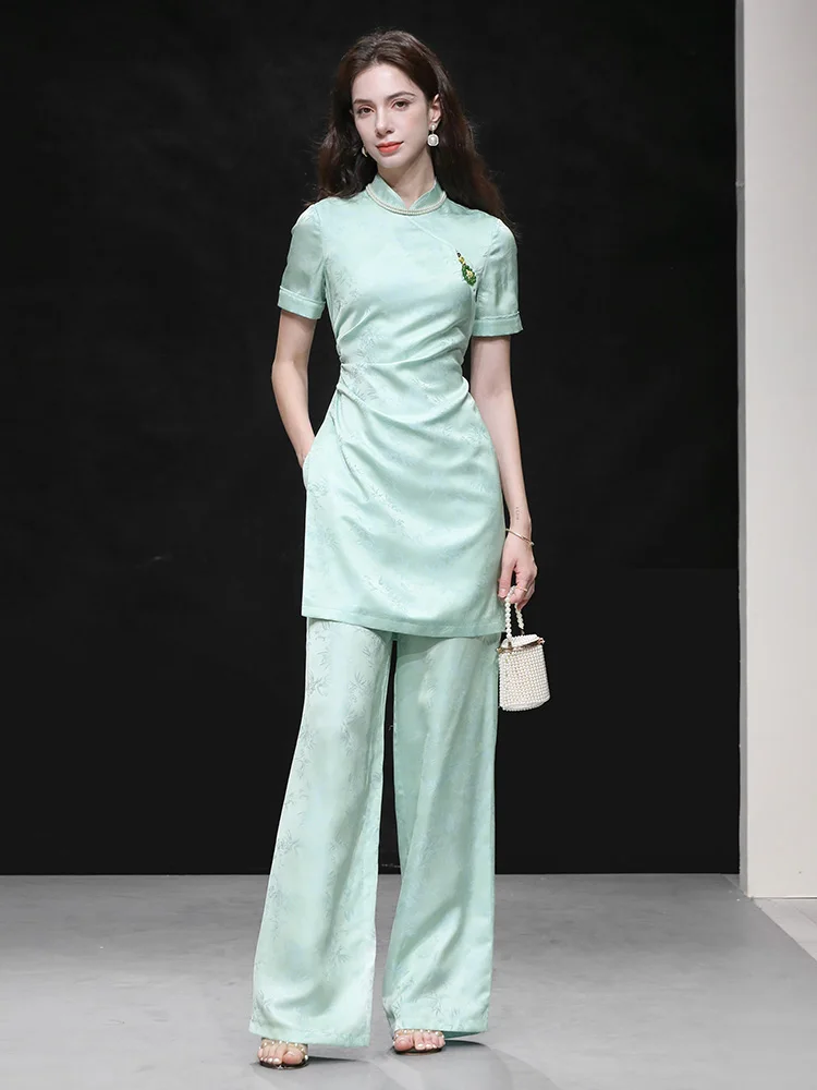 

New 2026 Summer Chinese National Style Double Color Silk Embroidery Belted Split Top High Waist Wide Leg Pants Fashion Set