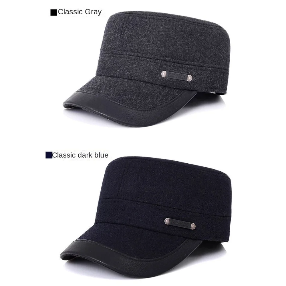 Simple Soft Men Warm Flat Top Hat Plush Thickened Ear Protection Wool Cap Solid Color Anti-cold Cold Proof Baseball Cap Gift