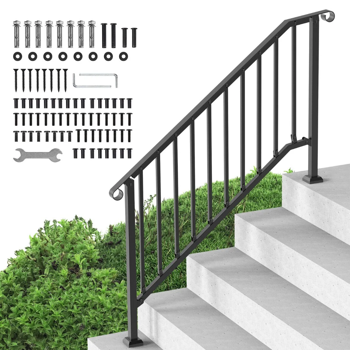 Us- 5-6 Step Handrails for Outdoor for Seniors Porch Deck Black Retro Arch