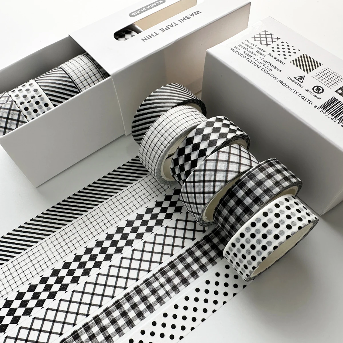 Kariertes Washi-Tape-Set, 6 Rollen, ästhetische dekorative Klebebänder mit Gittermuster und Punkten für Tagebuch, Scrapbooking, DIY-Bastelarbeiten und Planer