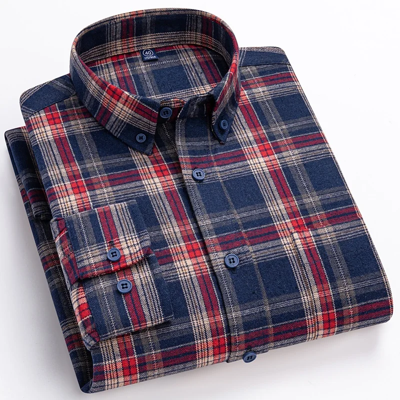 2026 New Men Plaid Casual Shirts Long Sleeved Checked Fashion Flannel Regular Fit Comfortable Pure Cotton Male Social Work Shirt