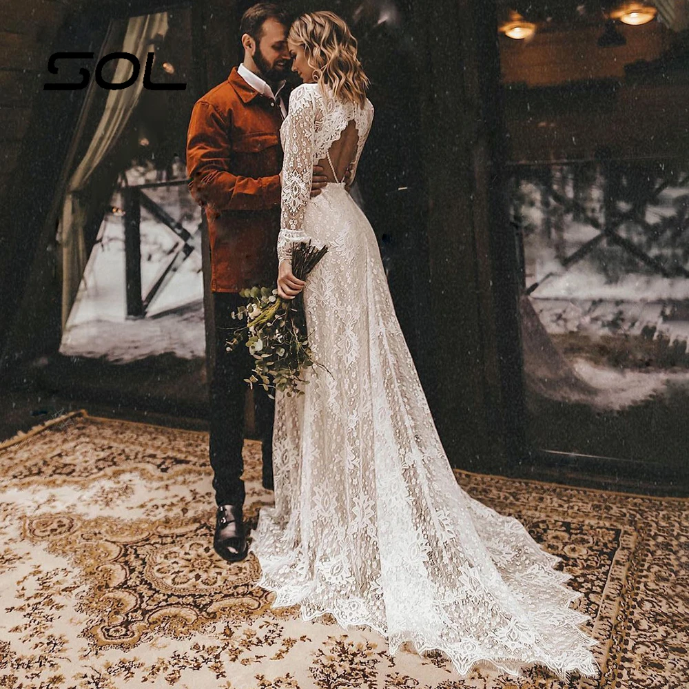 Sol Boho lange Ärmel Blumen spitze V-Ausschnitt Brautkleid Elopement hohle Scheide Mo Perlen rustikale rücken freie Meerjungfrau Brautkleid