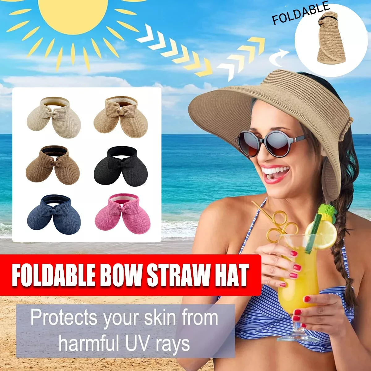 Roll-Up Sun Visor Straw Hat Sunscreen Sun Cap Sunshade Big-Edge Foldable Hat Outdoor Wide Brim Straw Sun Visor Hat