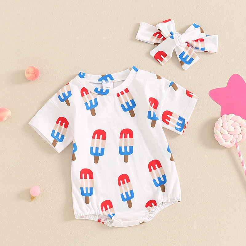 Baby Girls Independence Day Romper Short Sleeve O Neck Popsicle Print Romper with Headband