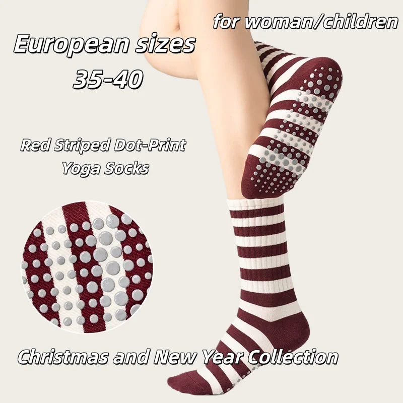 

European sizes 35-40, 1 Pair of Red Printed Bow-Tie Striped Yoga Socks with Dotted Accents - Christmas and New Year Edition
