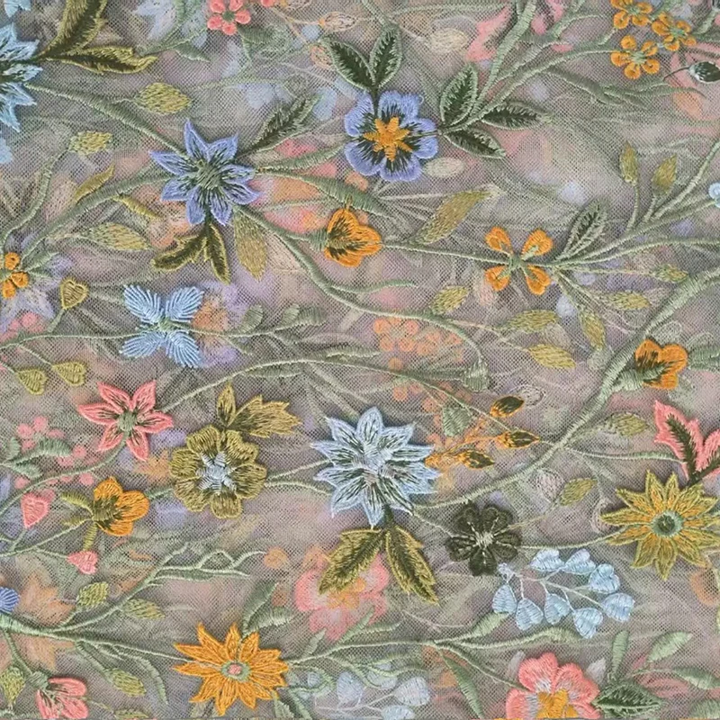 Elegant Bridal Veil With Delicate Hand-Stitched Floral Design And Multicolored Flowers Romantic Sheer Veil Long Train