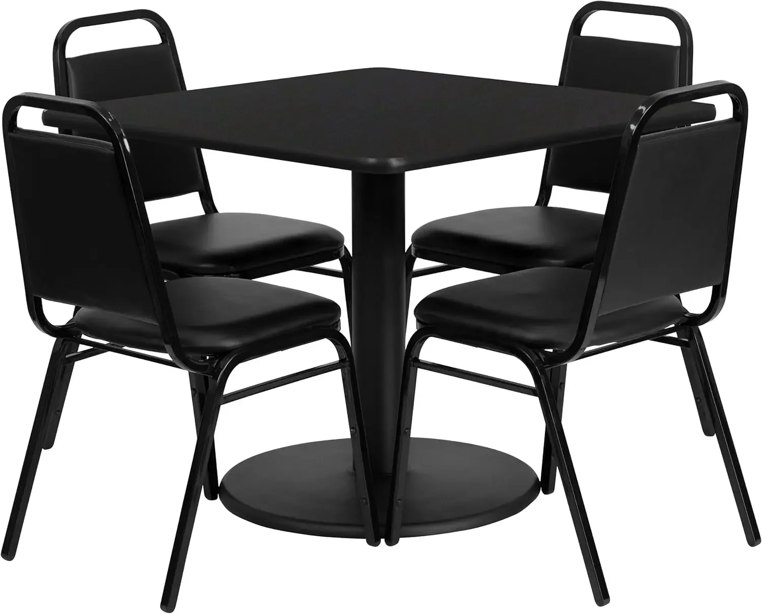 36'' Square Black Laminate Table Set with Round Base and 4 Black Trapezoidal Back Banquet Chairs