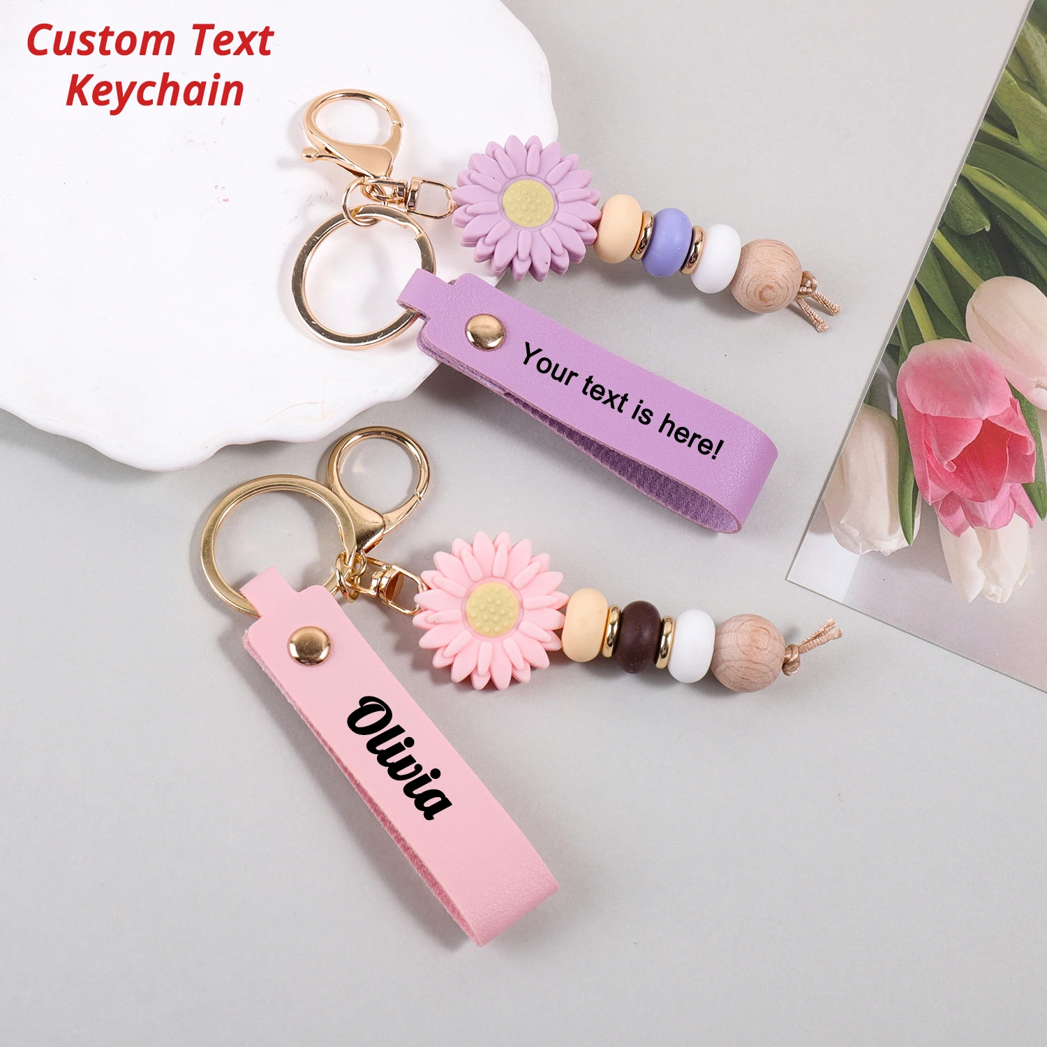 

Personalized Custom Text Keychain Big Daisy Pendant Customized Name Key Chain Party Favors Gift Laser Engraving Name Key Ring