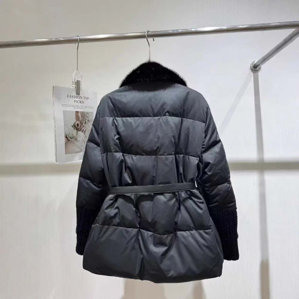 MENINA 2025 automne hiver épaissi chaud haut de gamme mûrier soie blanc doudoune d'oie femmes court vison fourrure col manteau de fourrure