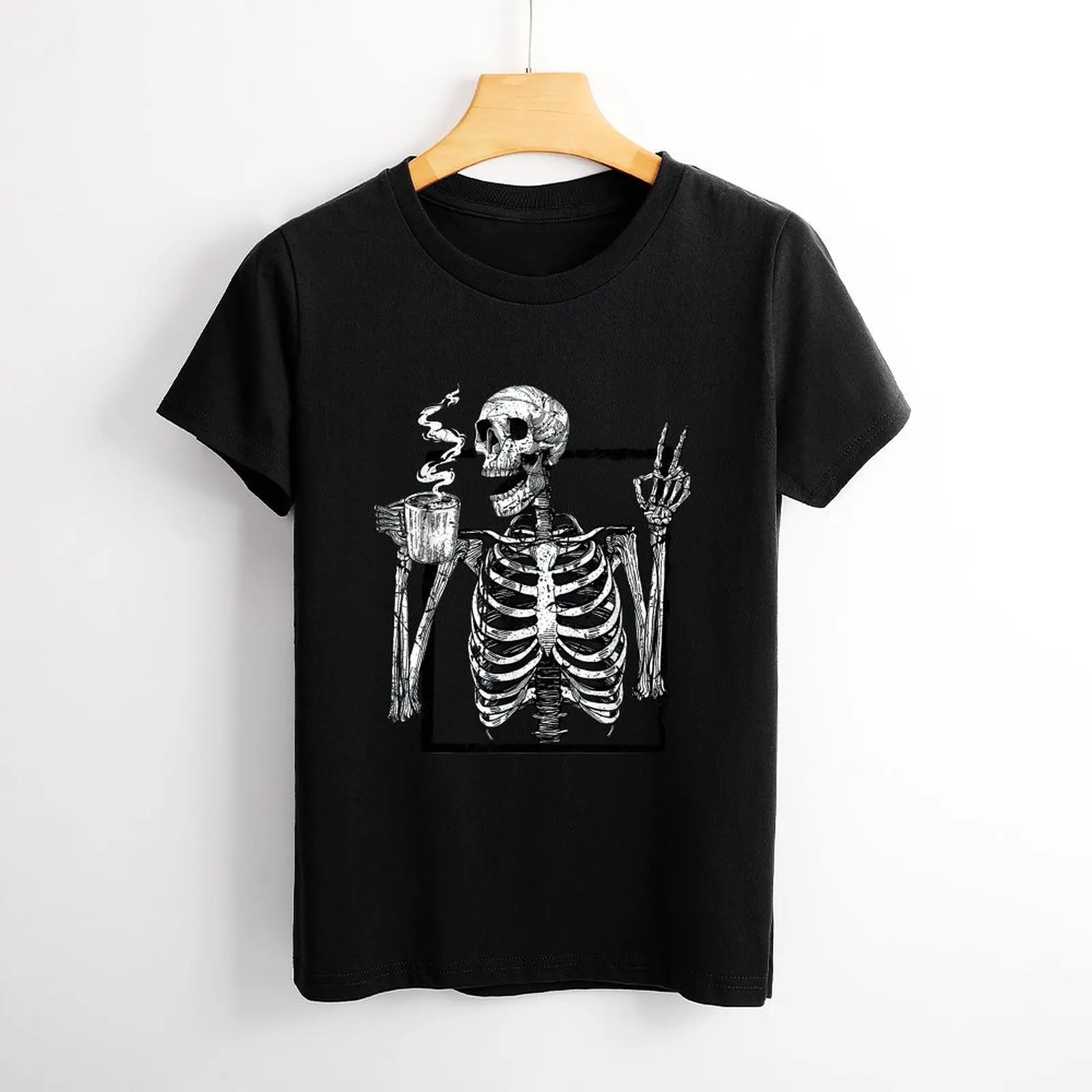 Skeleton Drinking Coffee Peace Funny Drinking Ghost Women Shirt Graphic Shirt Casual Short Sleeved Female Tee T-Shirt Size S-4XL