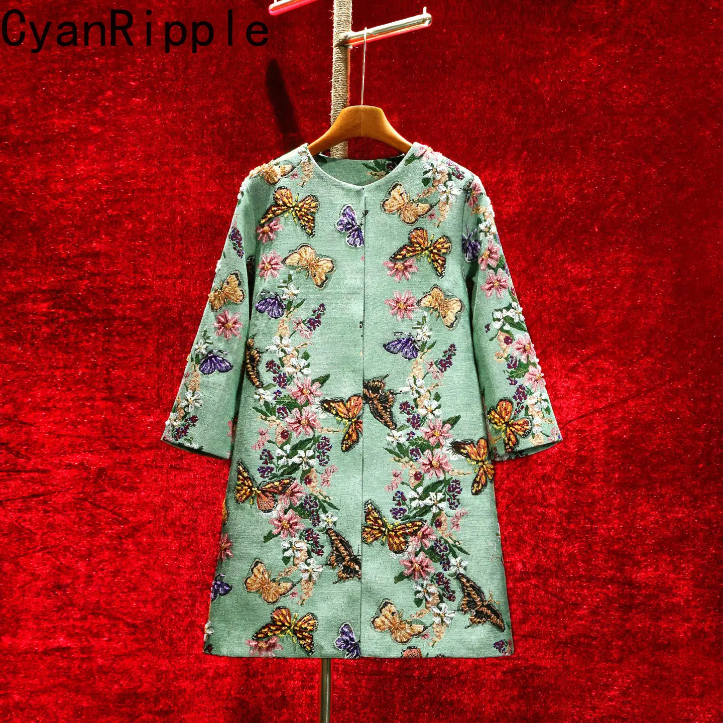 High Quality New Autumn Green Butterfly Jacquard Women Trench Coat All-match Round Neck Elegant Mid-long Beads Loose Windbreaker