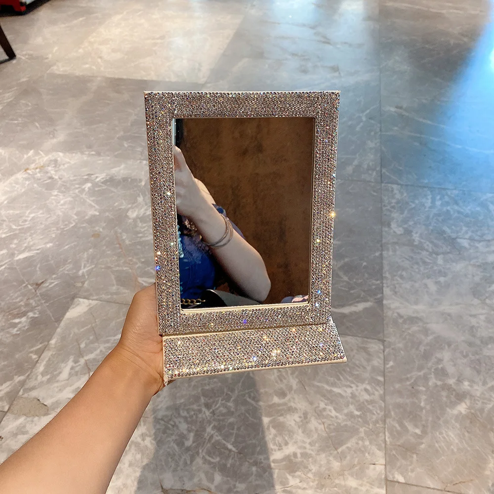 Luxury Rhinestone Folding Mirror Portable Dormitory Desktop Dressing Mirror PU Sparkling Makeup Mirror Home Bedroom Mirrors