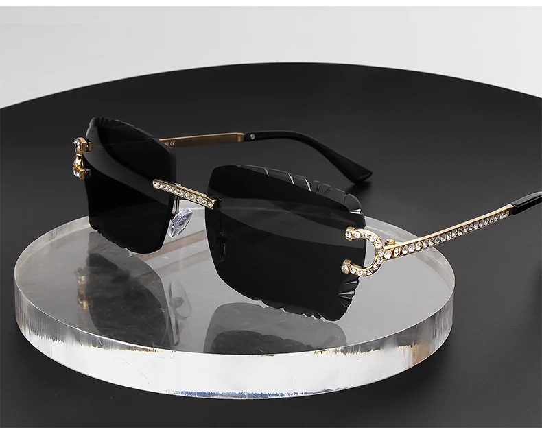 KENBO Quadratische randlose Edelstein-Sonnenbrille, trendige Sonnenbrille mit Farbverlauf für Damen und Herren, Retro-Sonnenbrille mit rahmenlosem Diamantschliff – Detail 2