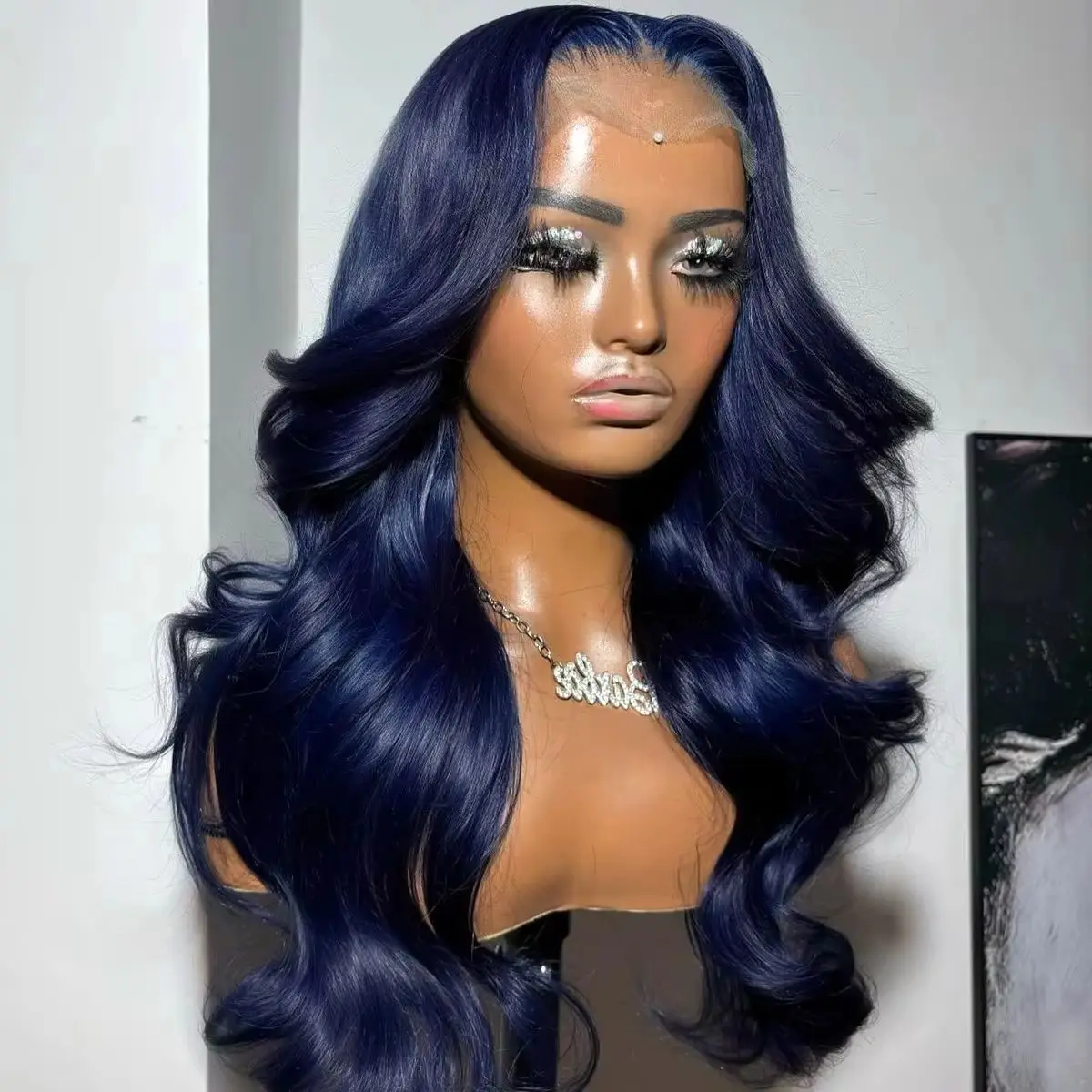 Dark Blue 13x4 HD Synthetic Lace Frontal Wig Heat Resistant Colored Glueless Preplucked Wigs For Women Party Use Natural Looking