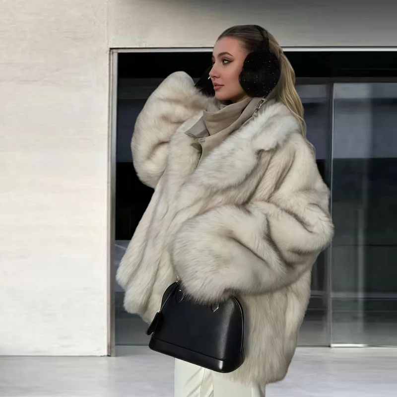 

Women Fox Fur Jacket Imitation Fur Thick Warm Loose Casual Long Sleeve Plush Coats Cold Autumn Winter Fluffy Dyed Trendy Coat