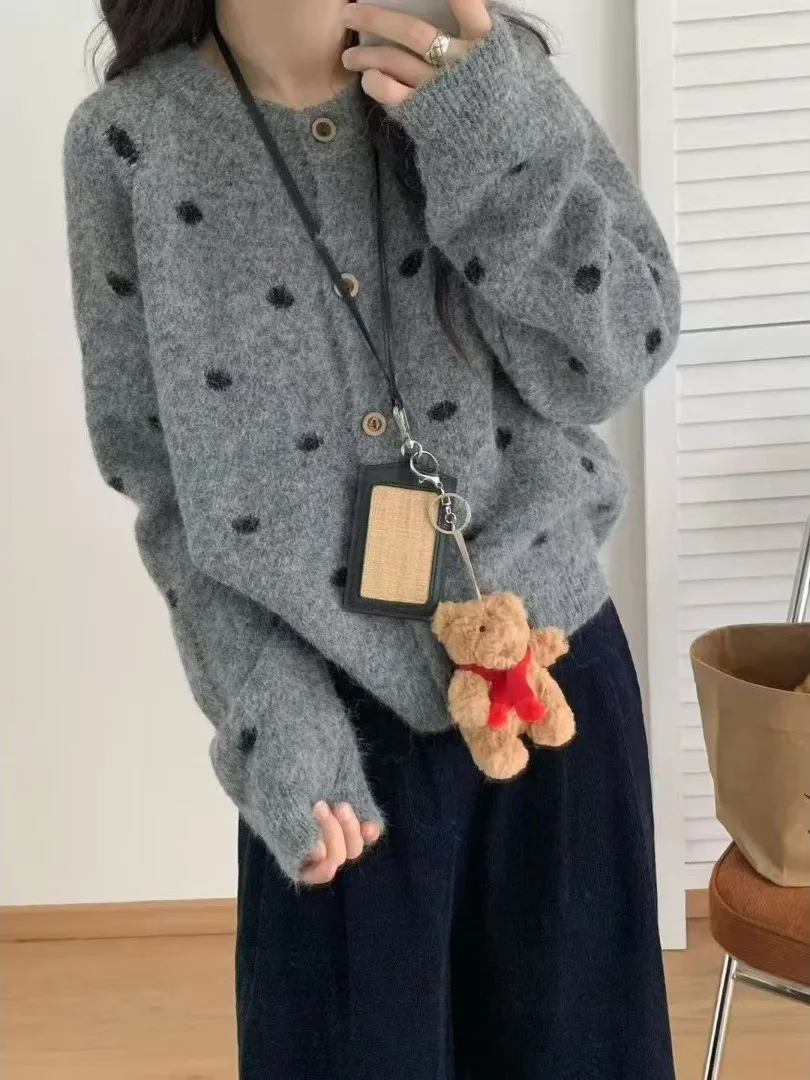

Loose Fit Knitted round Ne Cardigan Women's Soft Cozy Sle Spring Autumn Winter New Arrival Faion Korean Dot Pattern Swe...