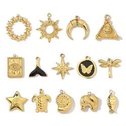 3pcs/Lot Fashion Stainless Steel Star Sun Moon Eye Charms Conch Turtle Fish Tail Dragonfly Necklace DIY Small Pendant Wholesale