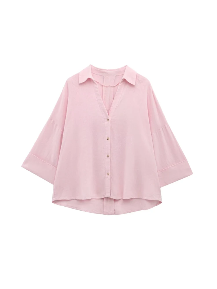 smvp Women's Fashion Linen Loose Shirt Lapel Collar Wide Three-Quarter Sleeve Blouse Chic Female Top ladies