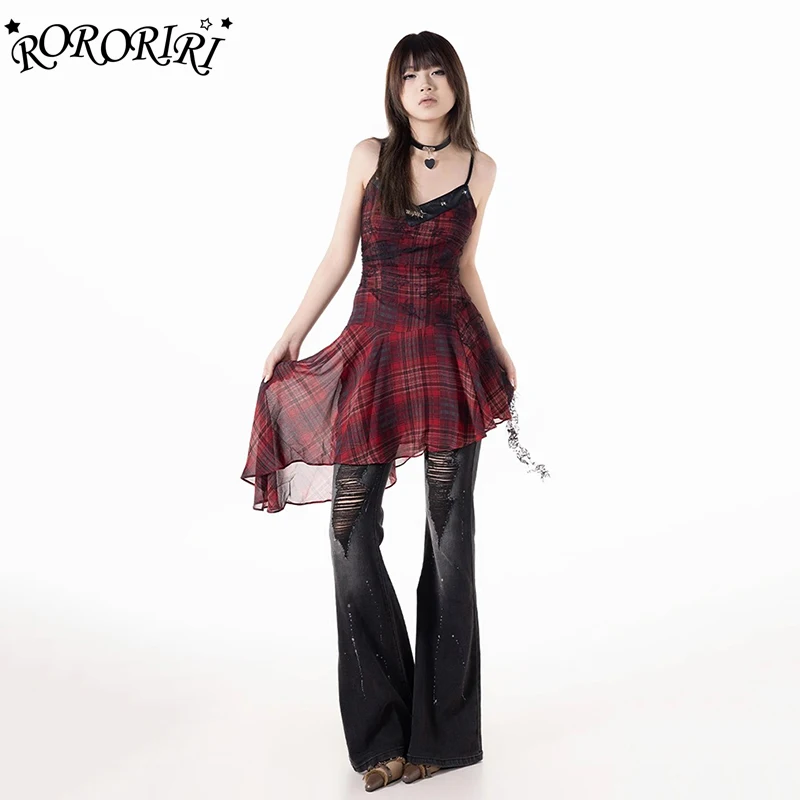 

RORORIRI Punk Leather Lace Stitch Mini Plaid Dress Women Asymmetric Ruffle Sleeveless V-neck Camisole Dress Grayu Retro Clothes