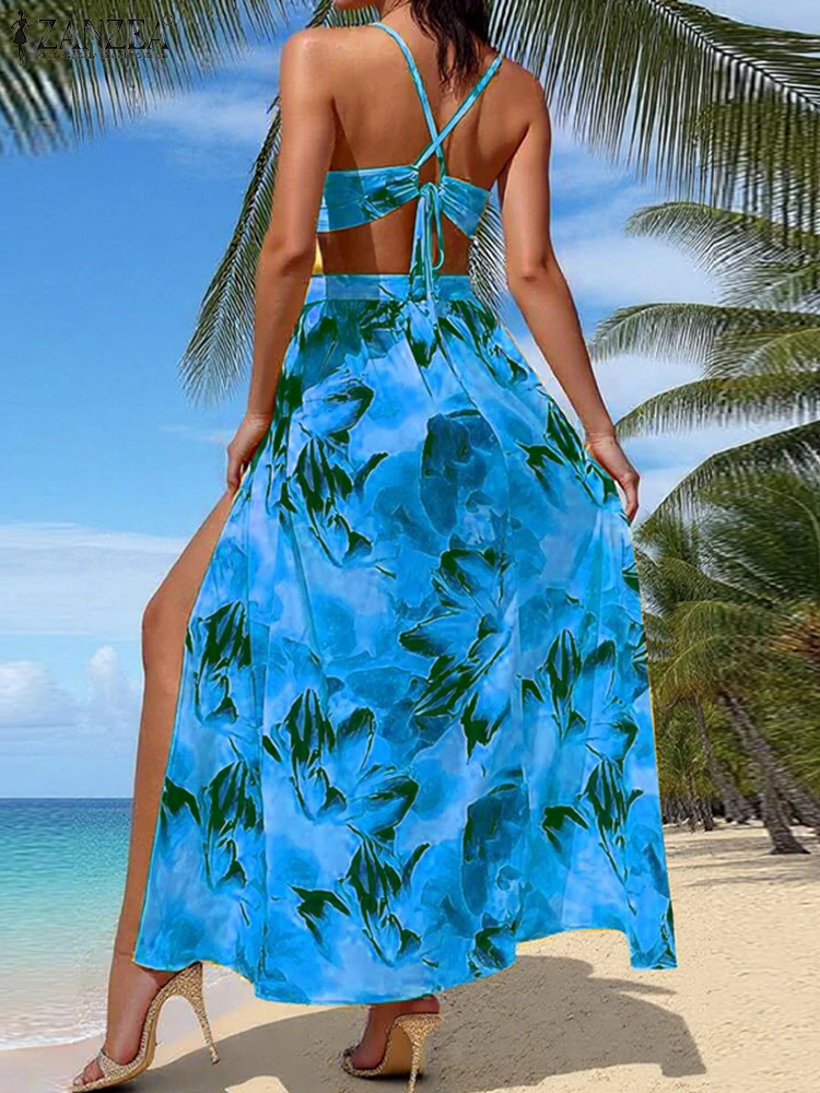 Vacation Deep V-neck Dress Women Split Hem Vestidos ZANZEA 2025 Vintage Floral Printed Sundress Loose Beach Robe