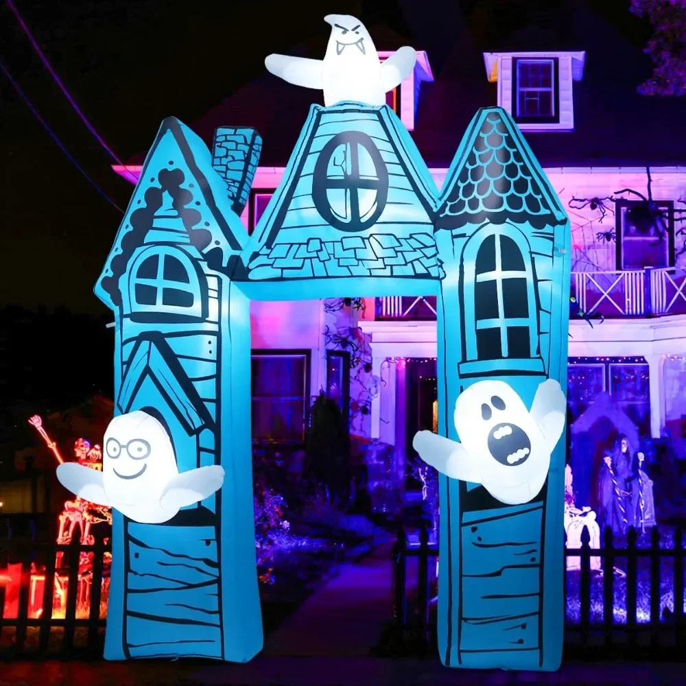 

11.8 FT Halloween Inflatables Outdoor Decorations, Ancient Castle Archway with Ghost, Built-in LEDs, Halloween Decorations