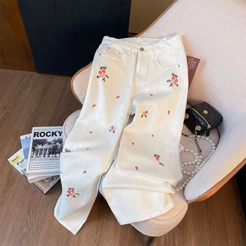 Diamond Embroidery Floral Jeans Women Vintage Classic High Waist Slim Denim Trousers New Loose Wide Leg Pants Streetwear