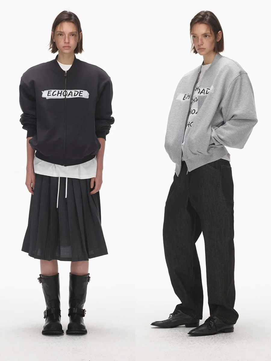 

Ade Retro Baseball Collar Sweatirt oulder Pads Detachable Loose Fit Ladies Casual Cotton Long Sve Zipper Hoodie