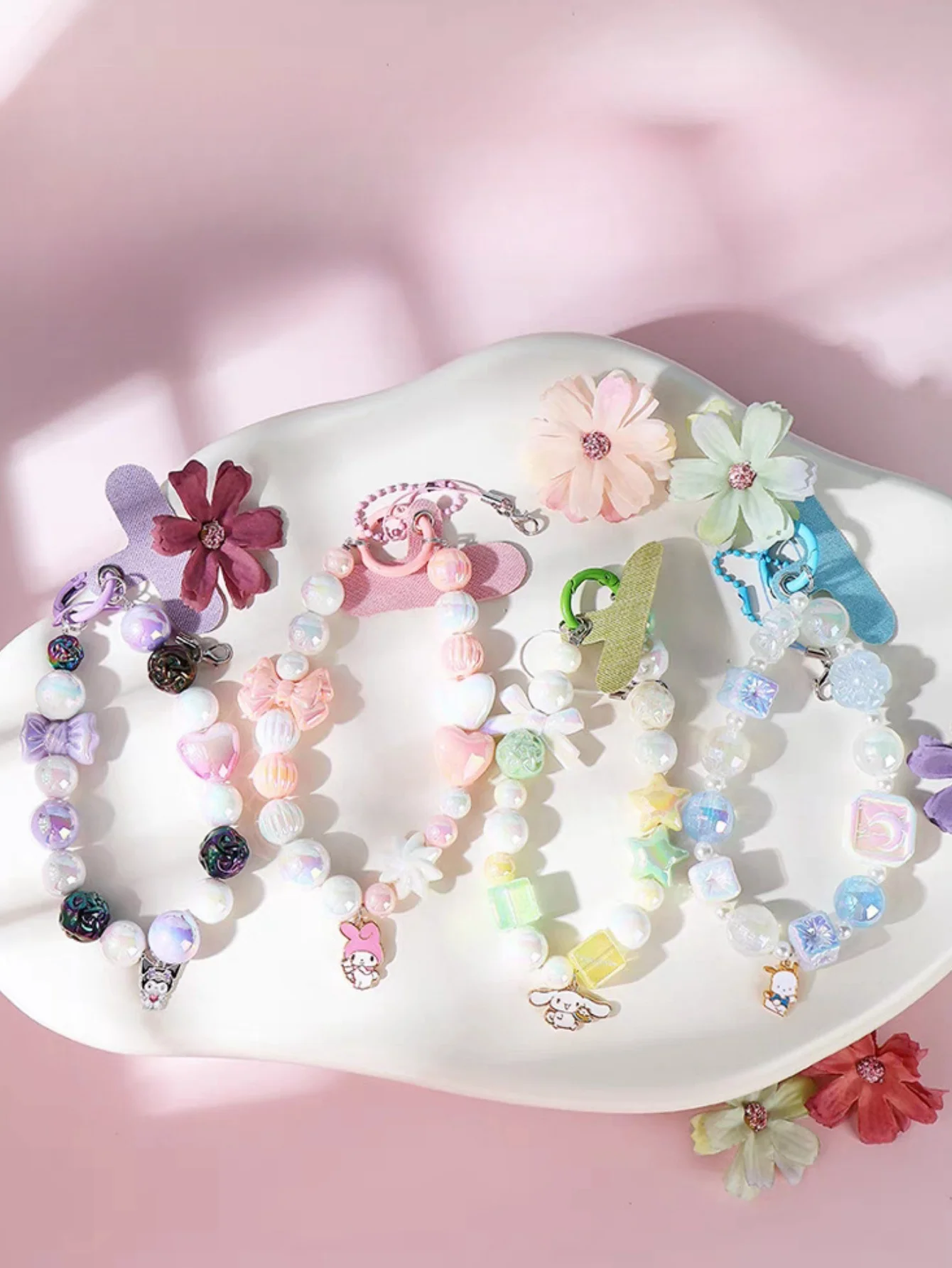 1pc Kawaii My Melody Kuromi Cinnamoroll Cartoon Beaded Mobile Phone Pendant Anime Girly Heart Cute Keychain