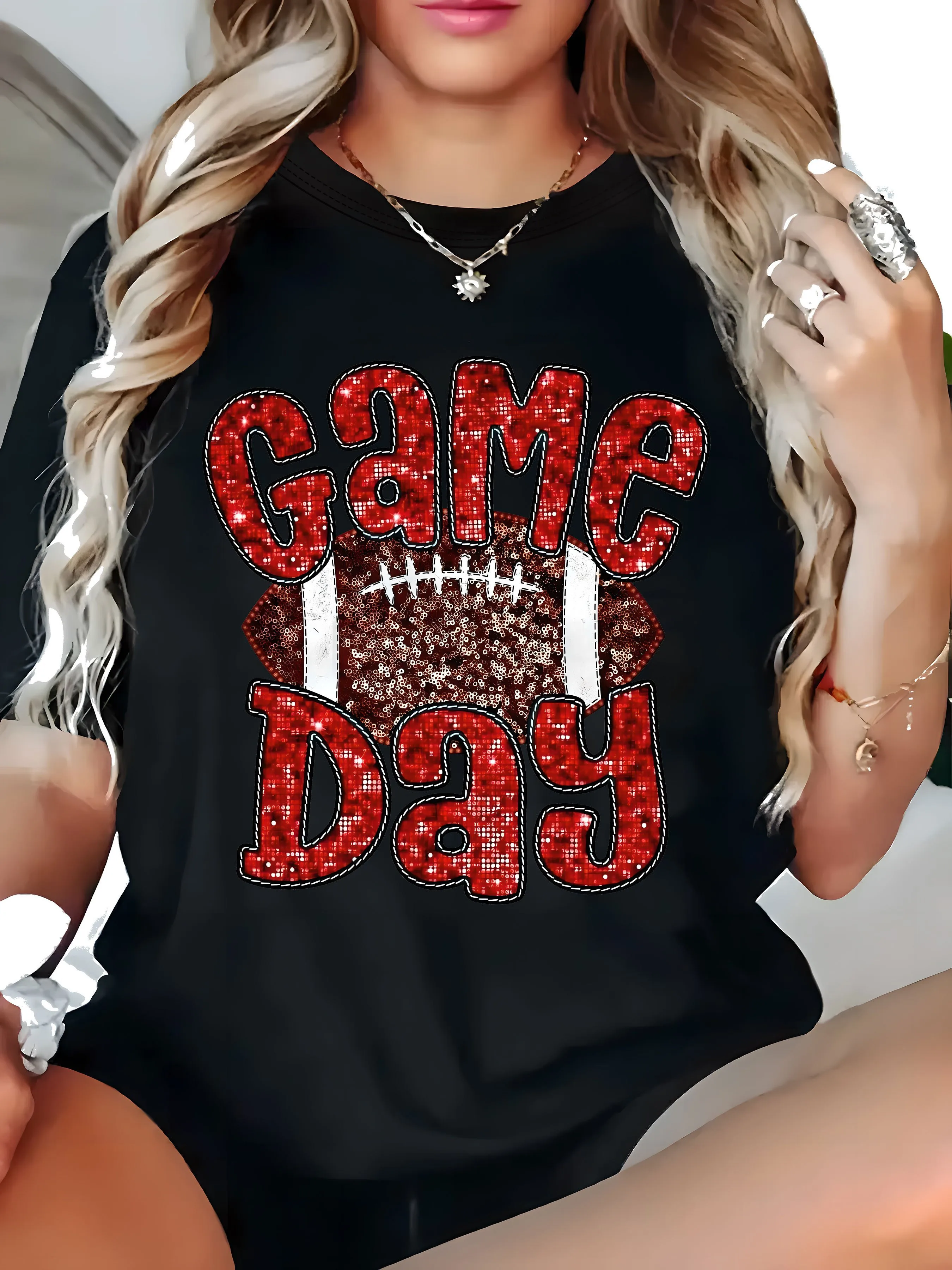 

Женская повседневная футболка с круглым вырезом больших размеров и трикотажным топом с короткими рукавами и геометрическим футбольным принтом, легкая эластичность