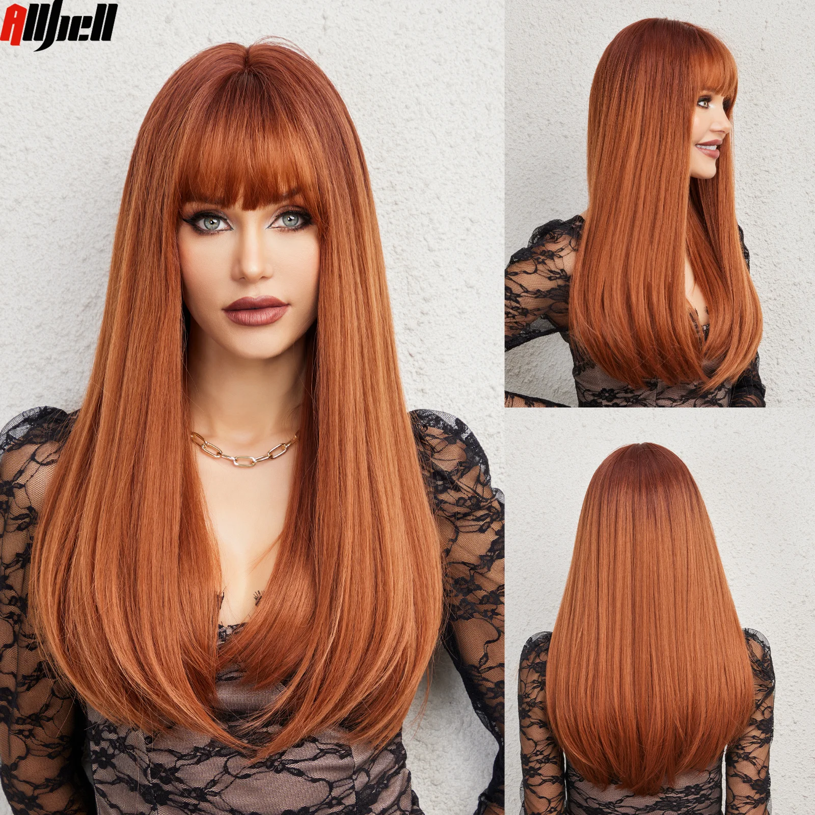 Red Brown Synthetic Long Straight Wig with Bangs for Women Afro Ginger Copper Auburn Natural Wig High Temperature Daily Use