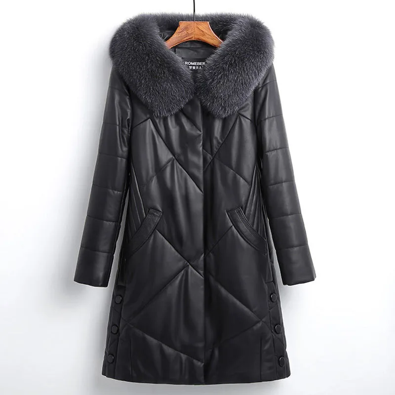 

New Winter Pu Leather Down Cotton-Padded Coat Women's Overcoat Mid-Length Thick Warm Parker Coat Loose Sheepskin Hooded Fur Coat