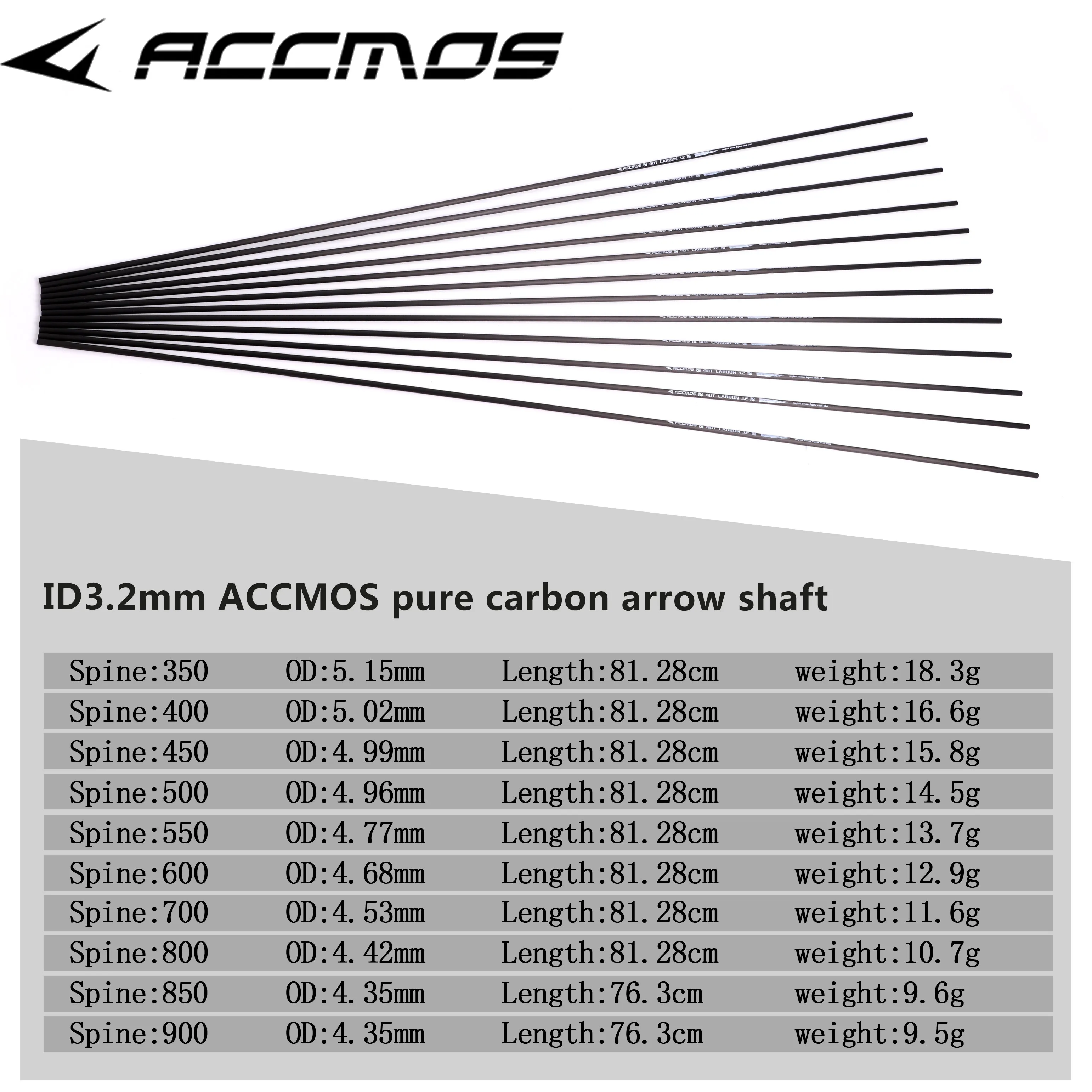 Tiro con l\'arco in carbonio puro per tiro con l\'arco ricurvo, ID 3.2, colonna vertebrale dell\'albero 350, 400, 500, 600, 700, 800, 900, 12 pezzi