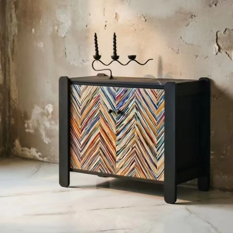 Retro solid wood dining side cabinet modern simple black locker marble countertop