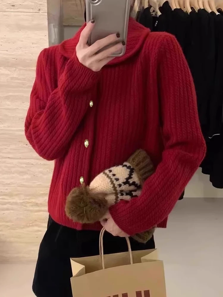 Rote Vintage-Revers-Strickjacke mit langem Sve Camere-Motiv, offener Cardigan mit Hornknöpfen, warmer Woll-Strickobermantel für Damen, Pendler-Sle