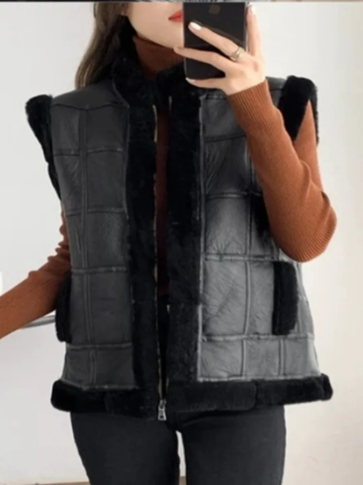 Women Genuine Leather Vest New Winter Thick Warm Wool Lining Waistcoat Zipper Casual Stand Collar Sleeveless Sheepskin Jacket