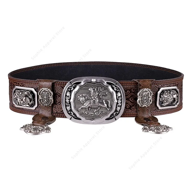 Mongolian Pure Leather Men's Belts Pegasus Auspicious Badge Waistband Traditional Mongolian Clothing Robe Accessories for Men