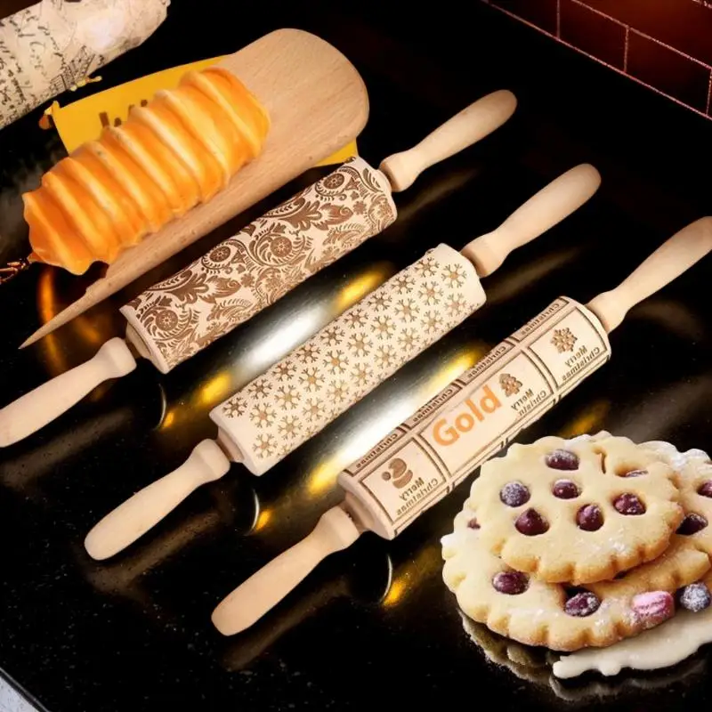 

Рождественские деревянные скалки 35x4,5 см, скалка в стиле рок, снежинка, лось, выгравированное печенье, скалка для торта, 3D форма для выпечки с рисунком