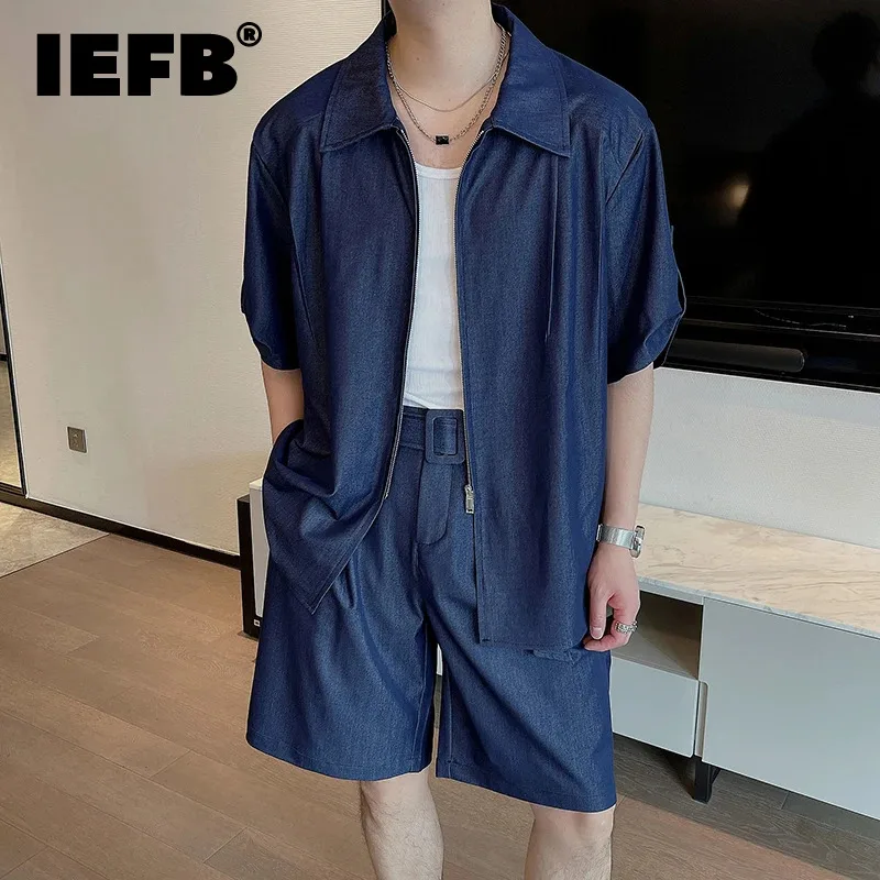 

IEFB 2024 Summer Men Shorts Set Zipper Half Sleeve Shirt Knee Length Pants Solid Color Business Casual Male Two-piece 9C6442