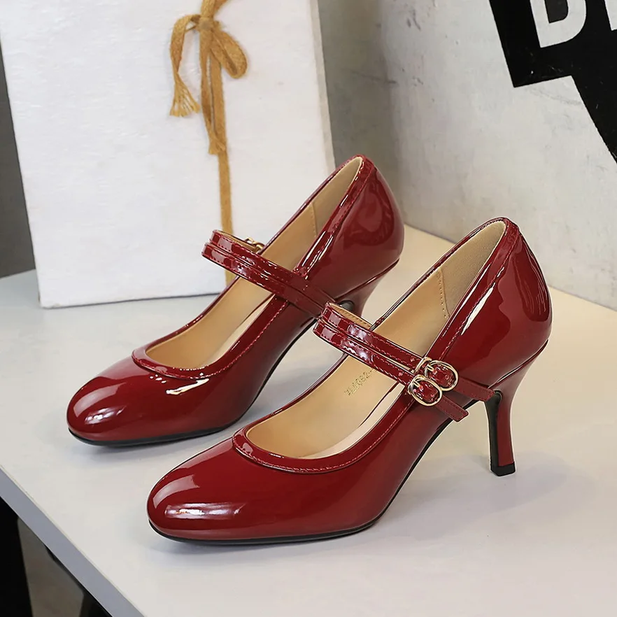 BIGTREE Shoes Women Pumps Double buckle Kitten high heels Patent leather Mary Jane shoes Round head Women Heels 7 CM Stiletto