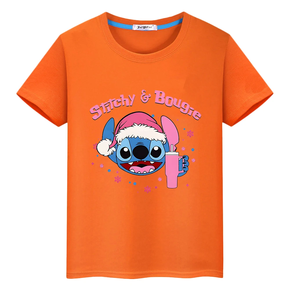 Christma Print 100%Cotton Short Tops y2k one piece Stitch t shirt for kids boy 10year Anime Tees Kawaii tshirt kids clothes girl