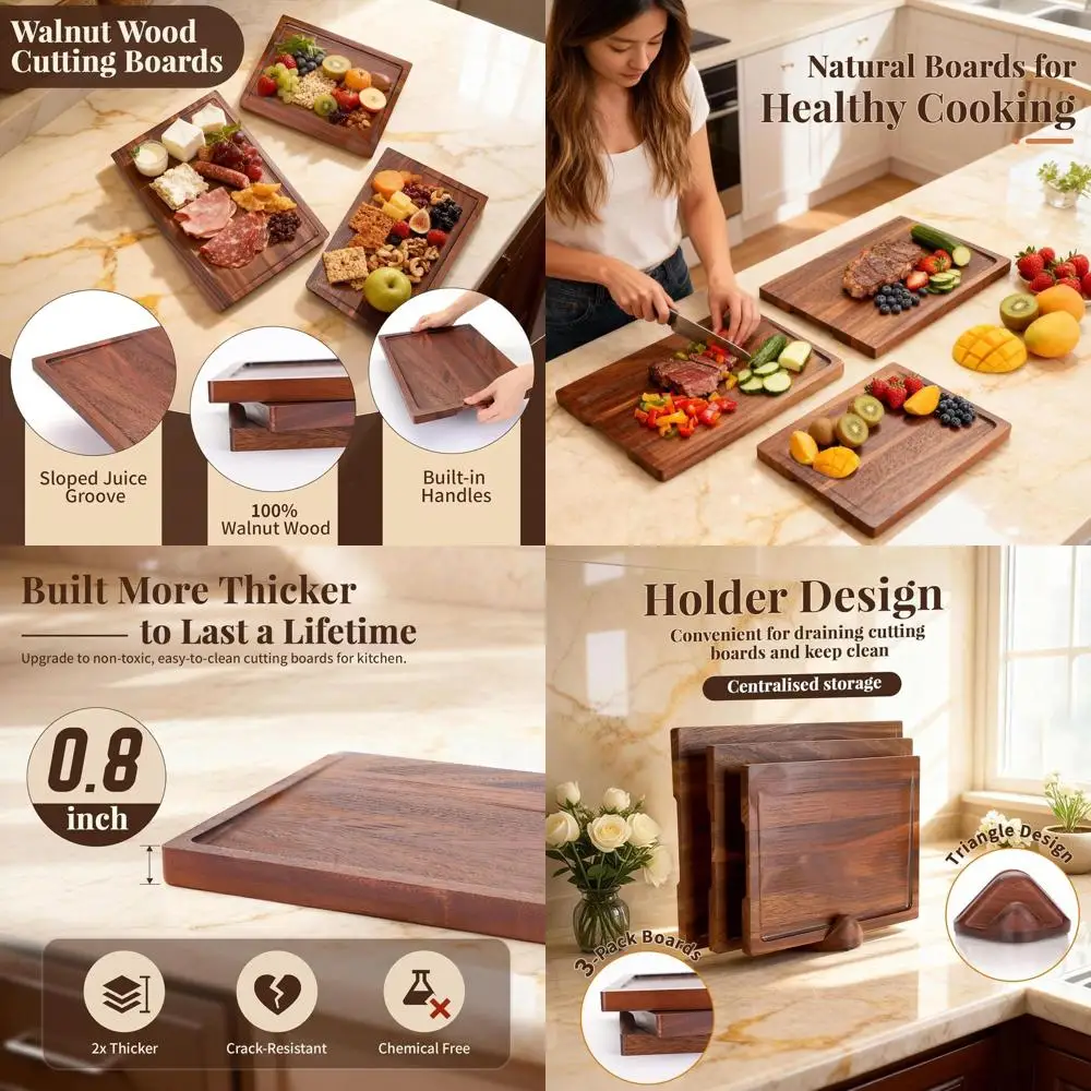 

Set of 3 Walnut Cutting Boards, Kitchen Essentials with Holder, Large & Small Boards, Deep Juice Grooves, Non-Toxic, Natural, Id
