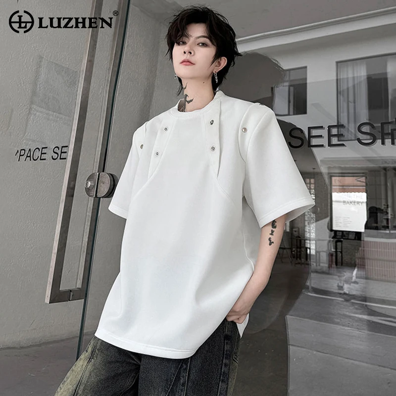 

LUZHEN Buttoned Decorate Pleated Splicing Design Solid Color Short Sleeved T-shirts Original New Men's Tops Free Shipping LZ2607