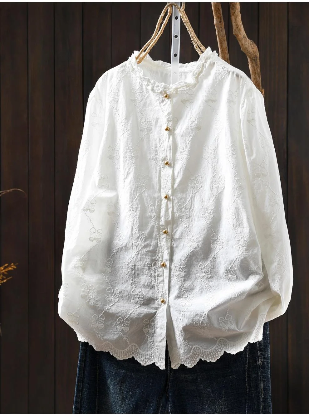 Herbstkleidung für Damen im japanischen Stil, 100 % Baumwolle, weiß, beige, Spitze, bestickte Hemden, Langarmblusen, Oberteile, Damenkleidung