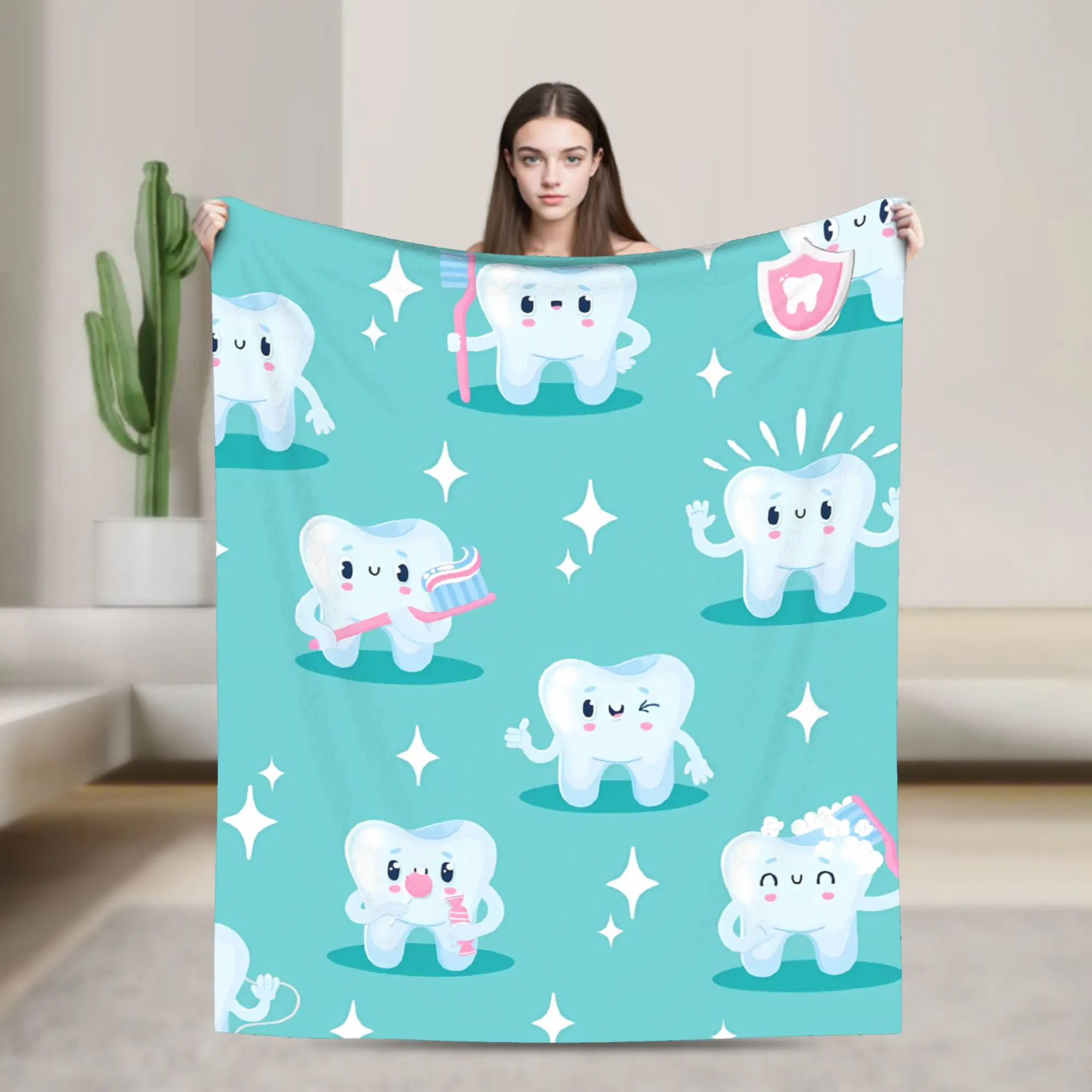 Cute Tooth Blue Sunglass Flannel Blankets  Soft Throw Blanket for Bedroom Airplane Travel Print Bedspread Sofa Bed Cover