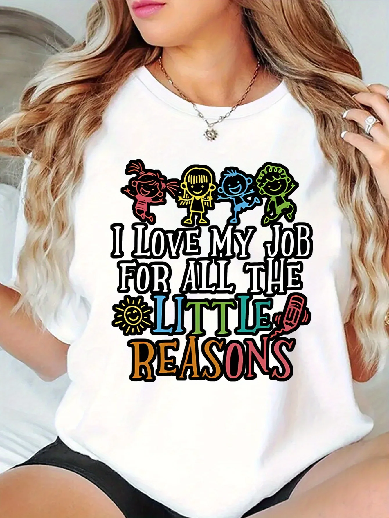 I Love My Job For All The Little Reasons Teacher Graphic Womens T Shirt Short Sleeve Crew Neck Casual Daily Ladies Tee Tops